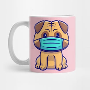 Cute Pug Dog Sitting And Wearing Mask Cartoon Mug